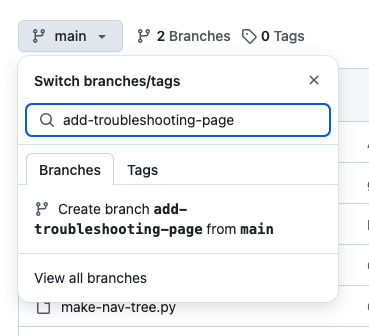 Screenshot showing how to create a new branch in Github