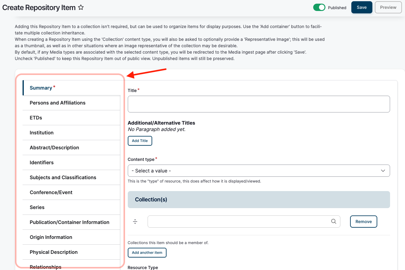 Screenshot of the metadata form with the group titles circled