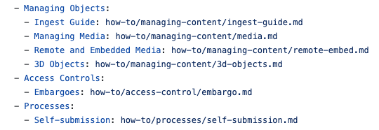 Screenshot showing a section of the mkdocs.yml file